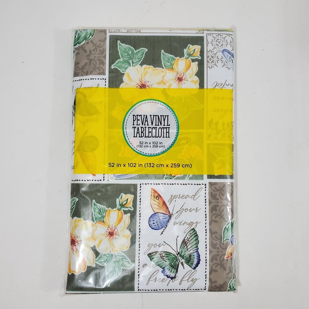 PEVA Vinyl Tablecloth Floral Butterfly 52" X 102" Waterproof Easy-Care Rectangle